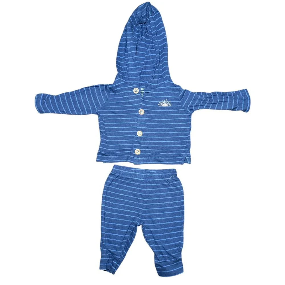 Carter's 2 Piece Outfit Baby Boy 3M Blue Striped Hooded Pants Set Sun Embroidery
